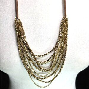 Multilayer Gold tone Chain Necklace Faux Leather Strap neutral womens jewelry
